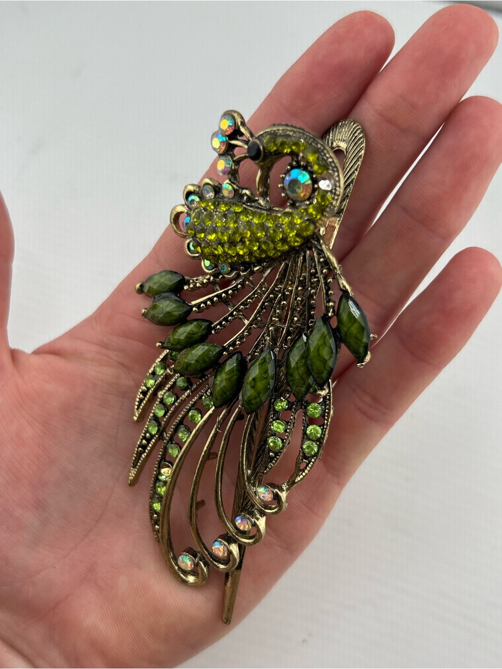 🎁Retro Style Peacock Rhinestone Hair Clip For Women Alloy Olive Green - Picture 8 of 12